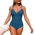 thumbnail image 2 of Mifsaly Womens Tummy Control One Piece Swimsuit V Neck Ruched Wrap Front Bathing Suit Slim Fit Elegant Monokini for Beach Pool Party Summer Vacation L, 2 of 5