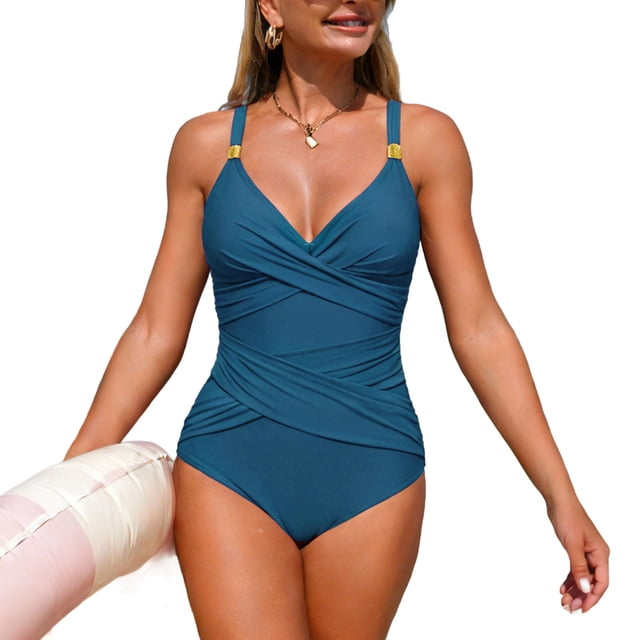 Supportive Swimsuit Tops for Women Solid Color Racerback V Neck Moderate Cutouts Swimsuit Top