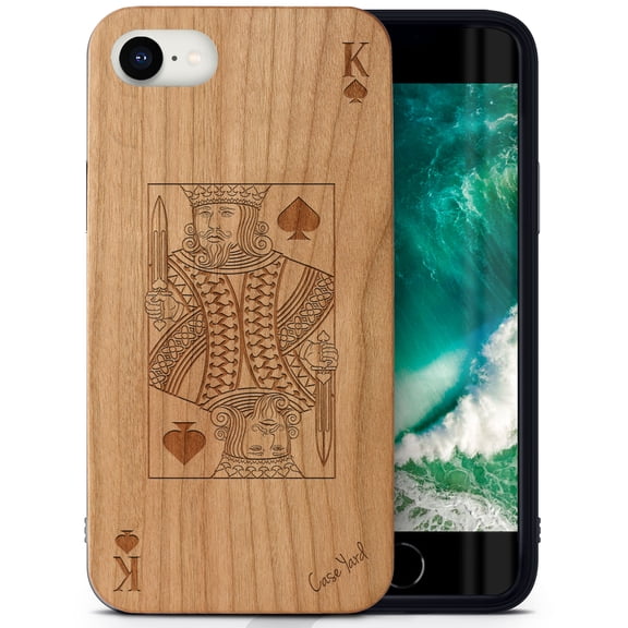 Case Yard Wooden Case Outside Soft TPU Silicone, Slim Fit Shockproof Wood Protective Phone Cover for Girls Boys Men and Women, Supports Wireless Charging King of Spade Design case for iPhone-SE
