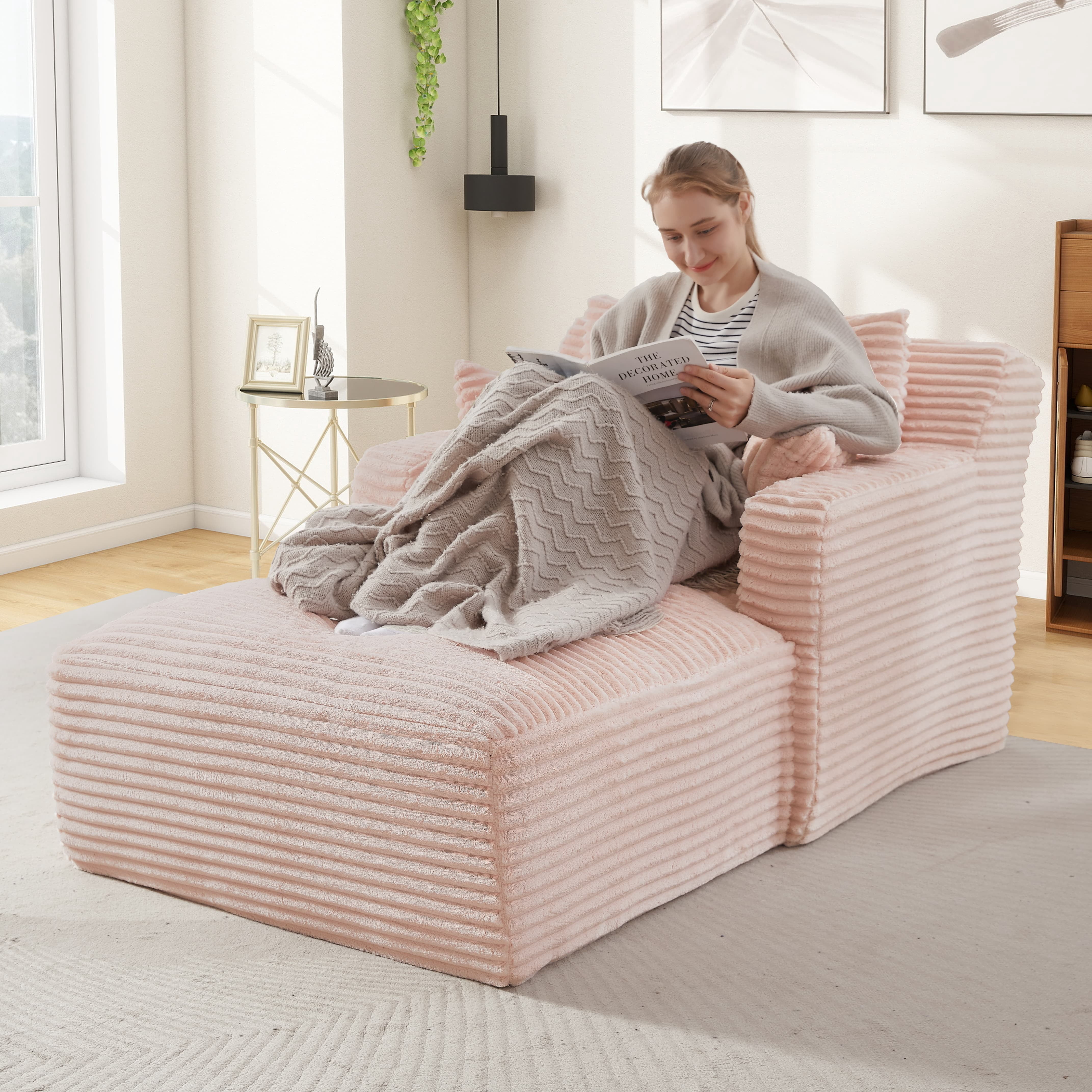 MAYEERTY Single Corduroy Chaise Lounge Sofa, Modern Couch with Spring Cushion for Apartment, 65*39*33"Pink