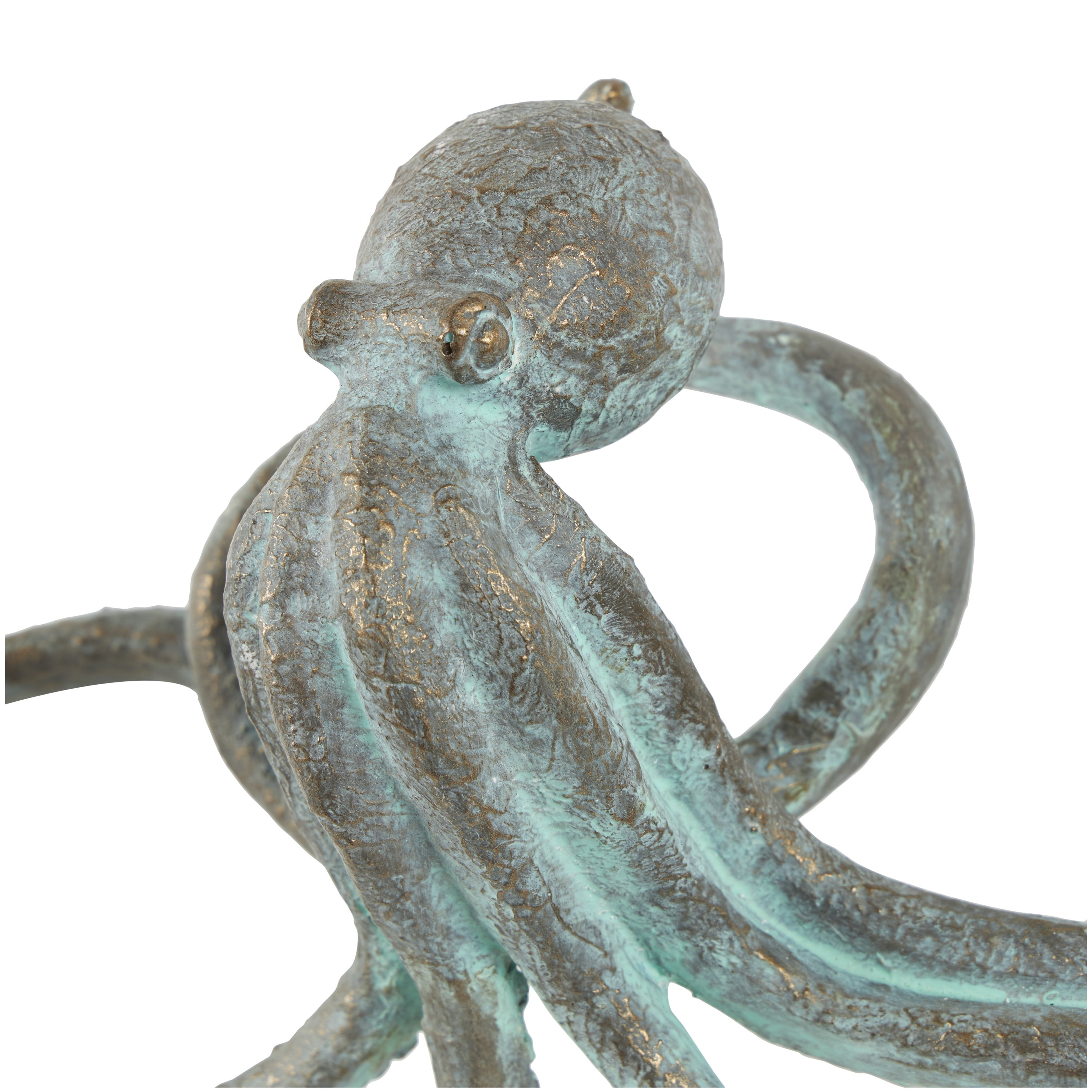 12" x 4" Blue Polystone Distressed Patina Octopus Sculpture with Gold Foil Accents, by DecMode