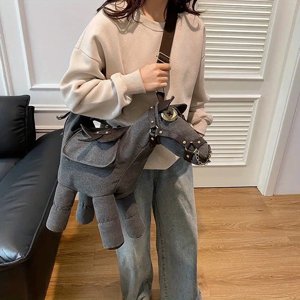 Hotpom Stylish & Unique Horse Shaped Canvas Crossbody Bag, Large Capacity Crossbody Purse, Adjustable Straps and Zipper Closure, Irregular Shape Women's Bag for Commuting, Work, Parties, Brown