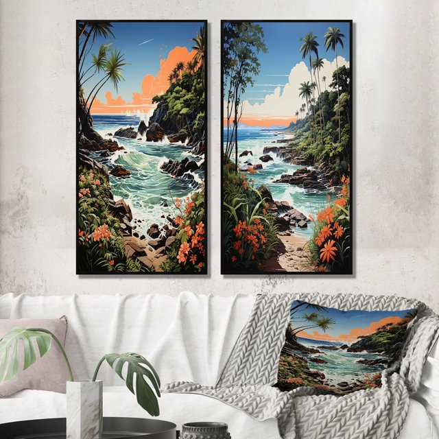 Designart "Tropical Paradise by the Coast II" Coastal Tropical Framed Wall Art Set Of 2 - Multi-Color Beach Framed Canvas Set For Living Room Decor