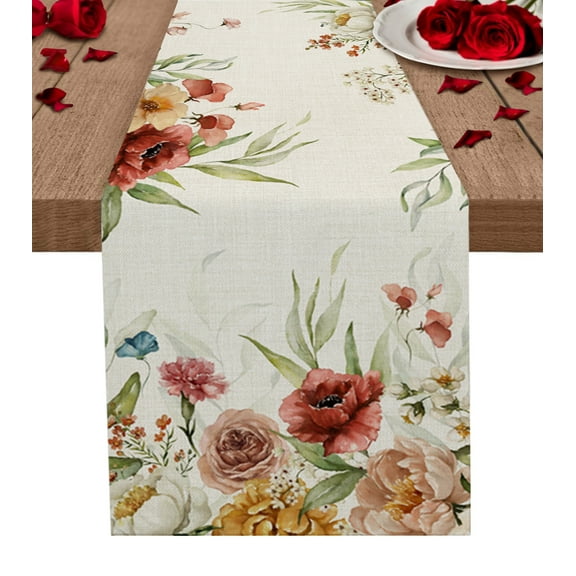Table Runner Dresser Scarves 90 Inch Long, Spring Blossom Flowers with Butterfly Linen Dining Table Runners Nature Field Vintage Burlap Tabletop Scarf for Wedding Holiday Party Kitchen