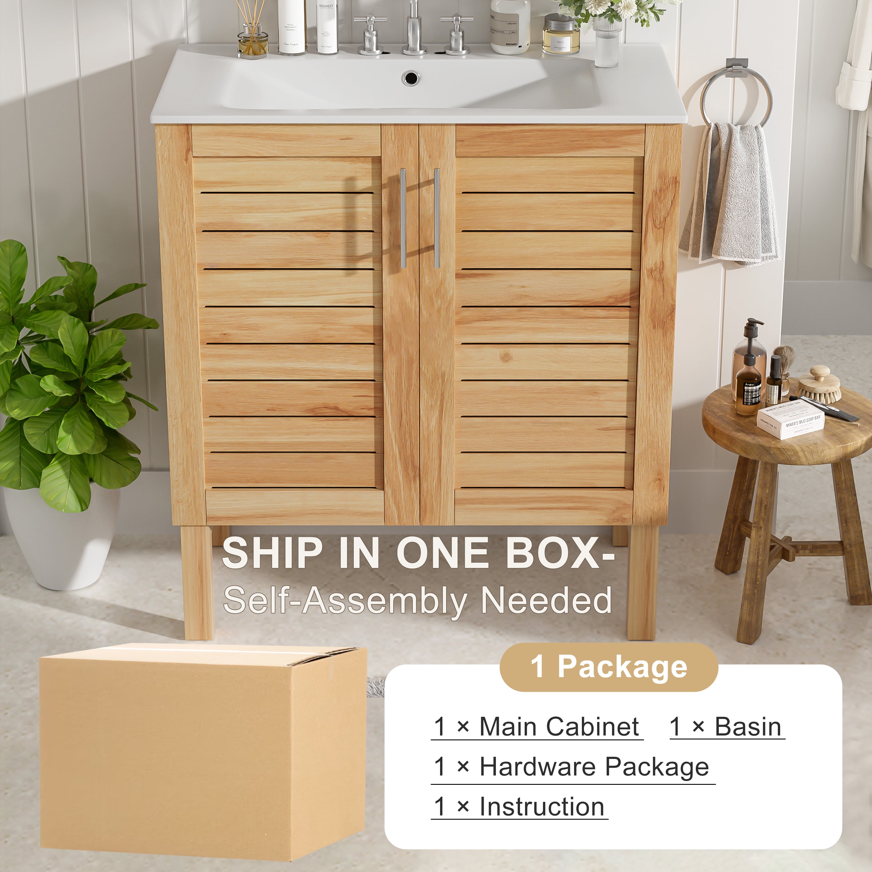 Euroco 30" Mid-Century Modern Antique Bathroom Vanity with Ceramic Sink,Natural Brown