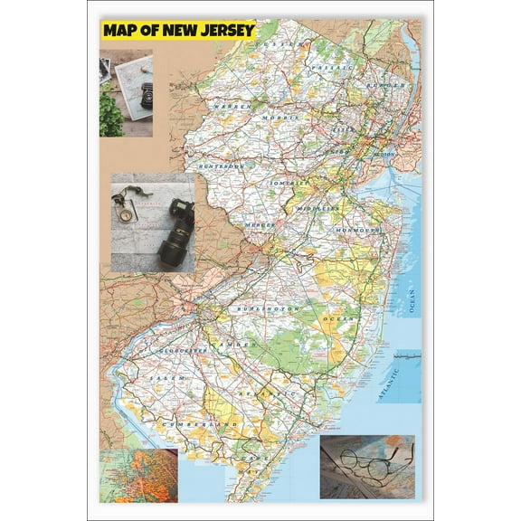 Map of New Jersey 18x24 Large Detailed Roads and Highways, Maryland State with All Cities, Parks and Landmarks - Laminated Wall Map Poster Print
