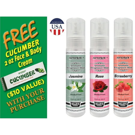 Fragrance Mist Set - 3 Scented Mists (2 Oz - 60 mL) - Strawberry, Jasmine and Rose - Alcohol Free - with FREE Cucumber Face & Body Nourishing Cream by
