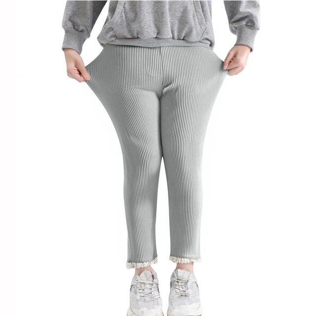 hengsof Girls Ribbed Knit Leggings with Lace Trim, Slim Fit Stretch Pants for Everyday Wear, Casual Comfortable Bottoms