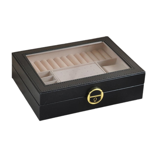 Organizador de vitrinas de joyería de una sola capa de gran capacidad de ahorro de espacio para mujeres múltiples múltiples de 23x17x6cm PU cuero Negro