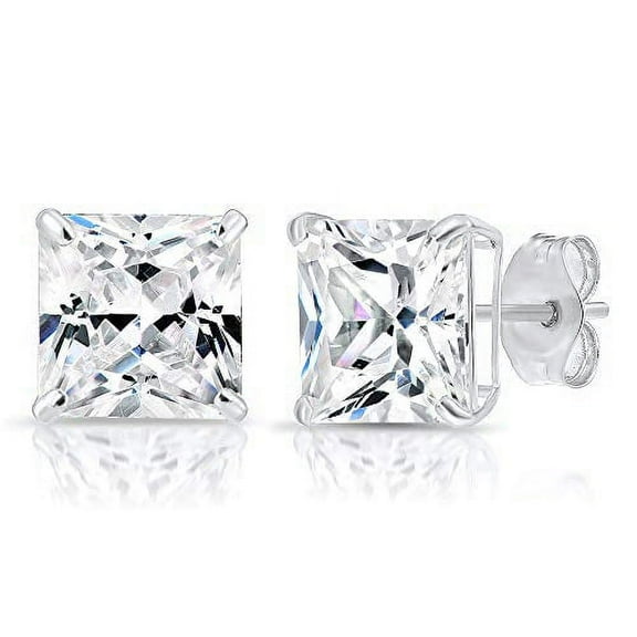 Tilo Jewelry 14k White Gold Princess Cut Square CZ Stud Post Earrings with Push-Backs (8MM) - Women, Men, Unisex