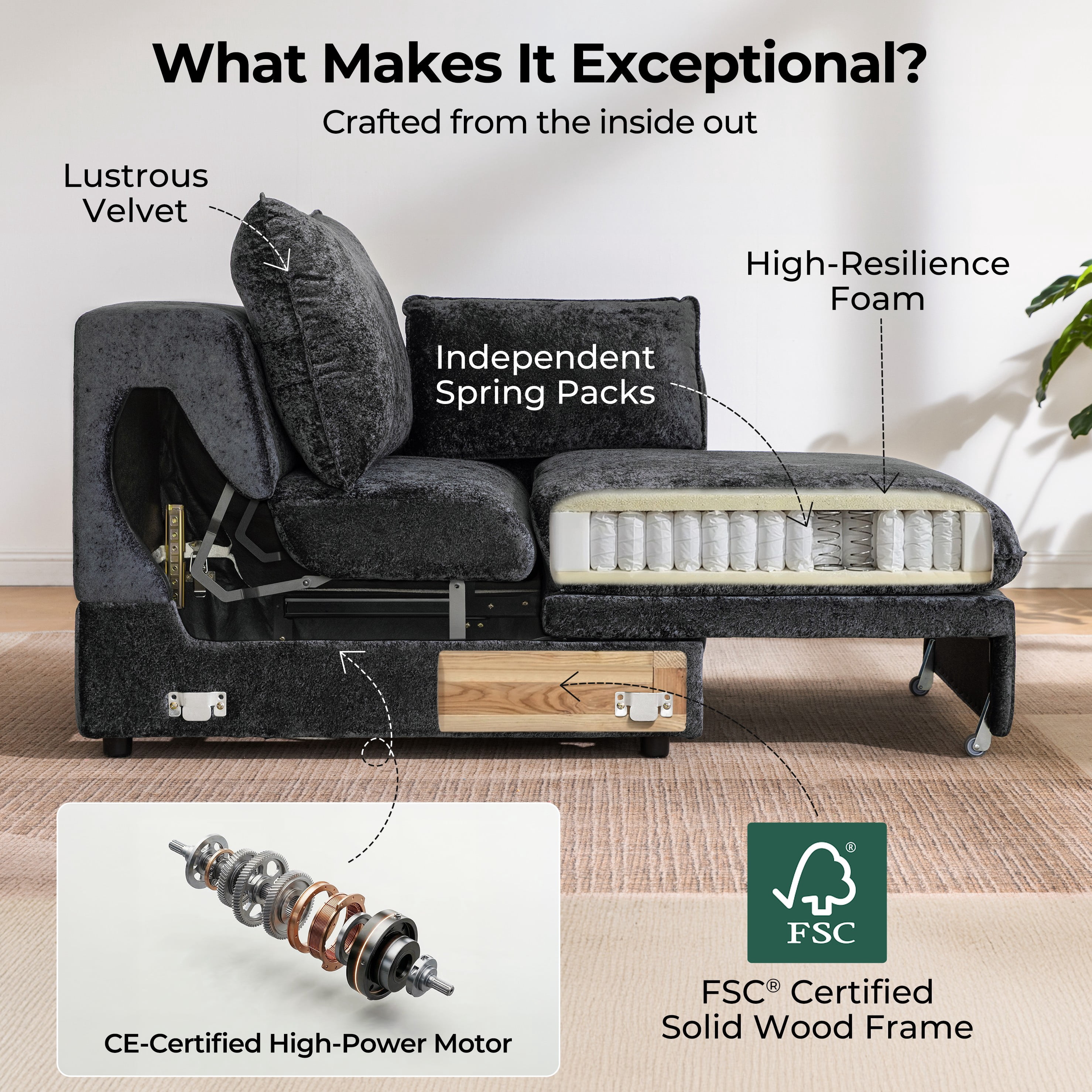 CHIC HOUSE 104" Electric Extendable Sofa Bed with Triple Motor, Convertible Smart Power Reclining Sleeper Sofa Deep Seat 3-Seat Couch with Solid Wood Frame in Velvet, Black