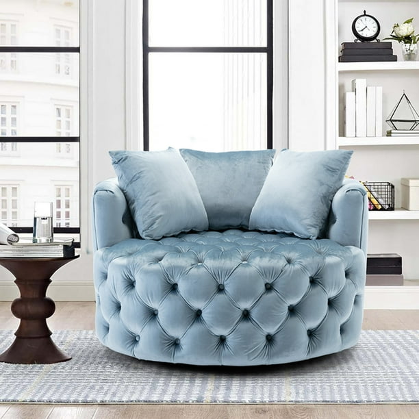Swivel Barrel Chair 360 Accent With 3 Movable Pillows Modern Akili Velvet Upholstered Round Oversized Lounge Sofa Leisure Club For Living Room Hotel Blue Com Swivel Barrel Chair 360 Accent, Oversized Round Swivel Chair Blue