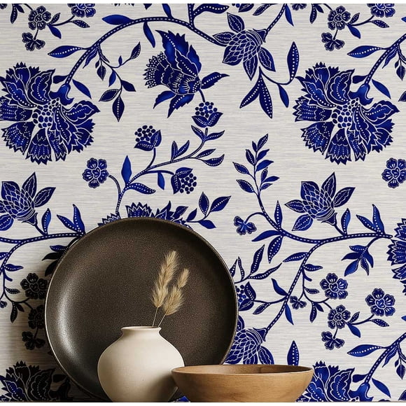 S4Sassy Peel & Stick Vinyl Wallpaper, Traditional Botanical Wallpaper Contact Paper Waterproof - Blue, 25"X 120", Removable Wall Covering For Home Decor In Bedrooms, Renter Spaces, Cabinets