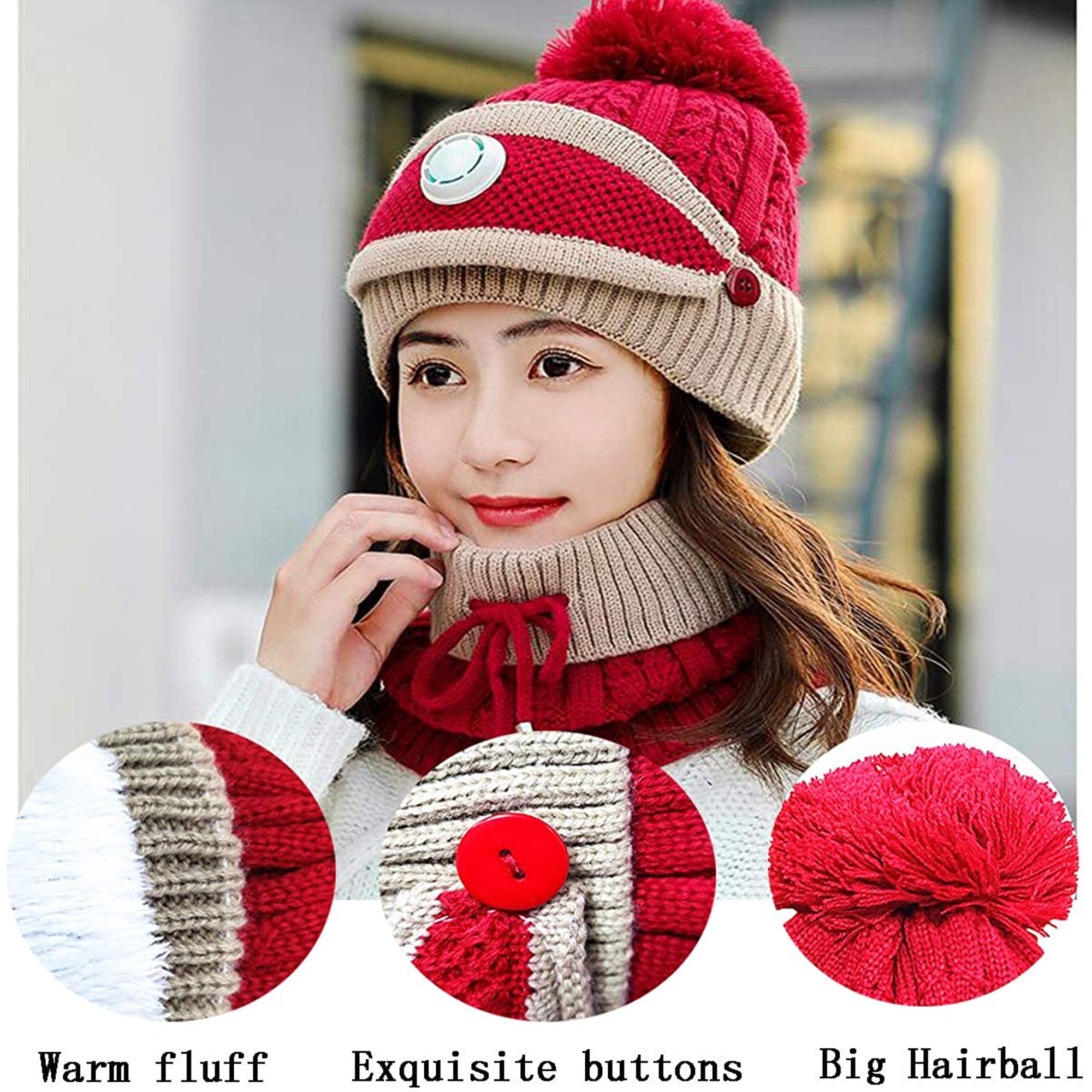 Women Winter Hat Set of 3, Warm Knit Beanie Hat Scarf Mask Set with Fleece Lined Skull Caps Neck Scarves