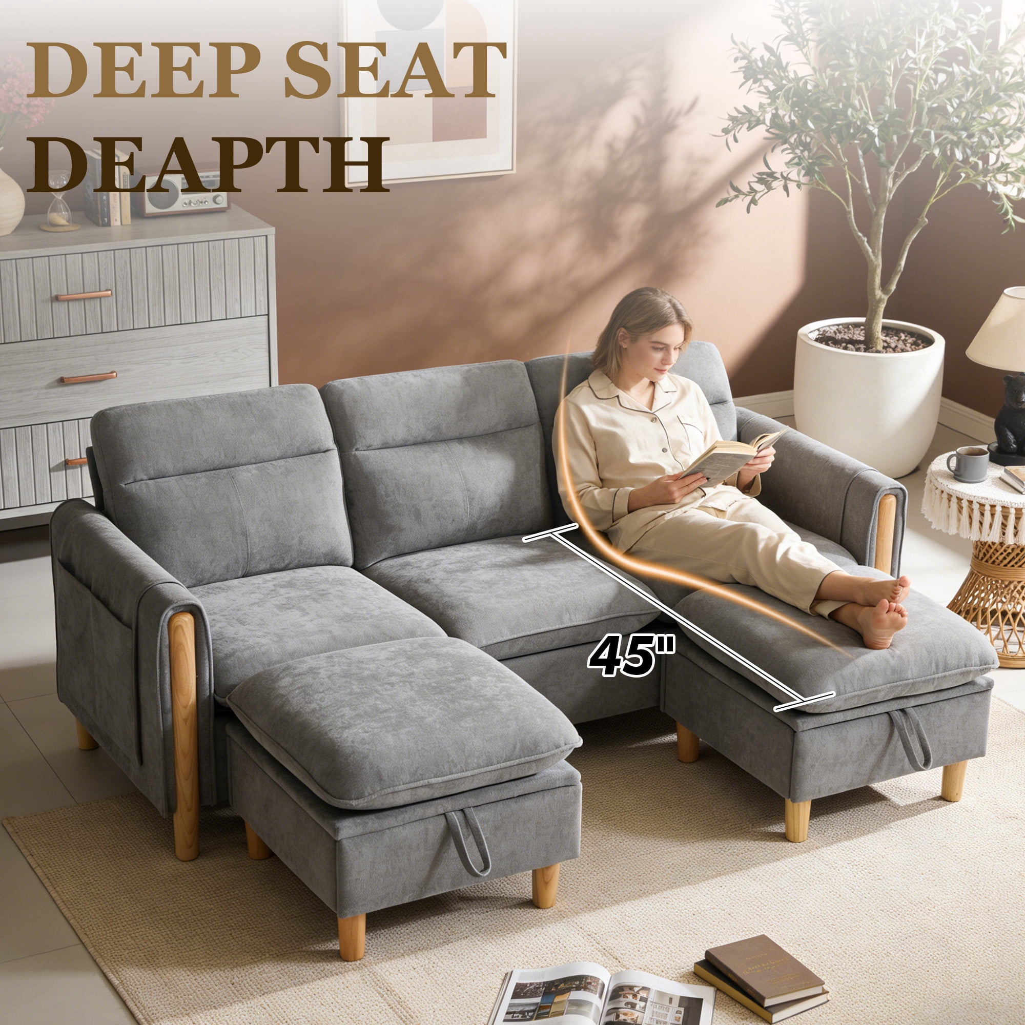 MOONMISS 3-Seater Chenille Sectional Sofa with 2 Storage Ottoman & Side Pocket Convertible Chaise Lounge for Living Room,Gray