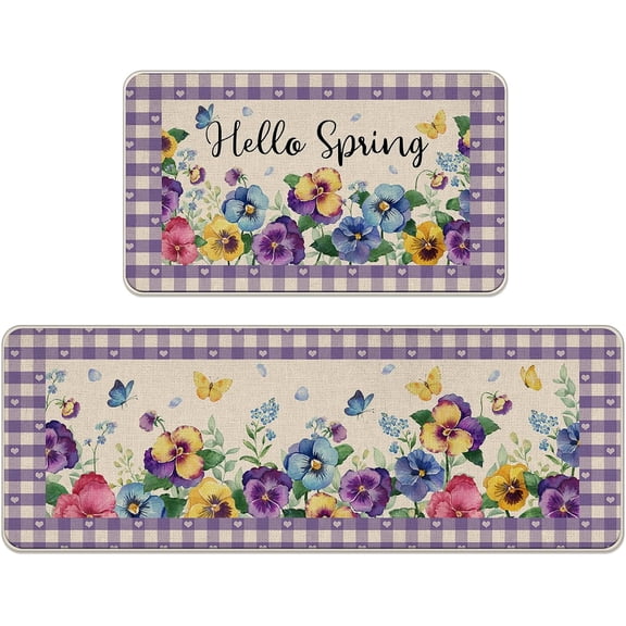 Hello Spring Floral Flower Kitchen Rugs Set of 2, Pansy Butterfly Purple Plaid Check Farmhouse Kitchen Mats Decor, Love Hearts Floor Door Mat Home Decorations -17x29 and 17x47 Inch