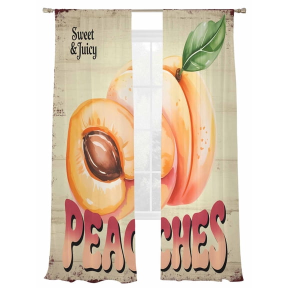 Vintage Peaches Sheer Curtains 2 Panels Set Watercolor Fruit Sweet Green Leaf Brown Border Sheer Window Curtains Light Filtering Rod Pocket Voile Drapes for Bedroom Living Room 52"X96"