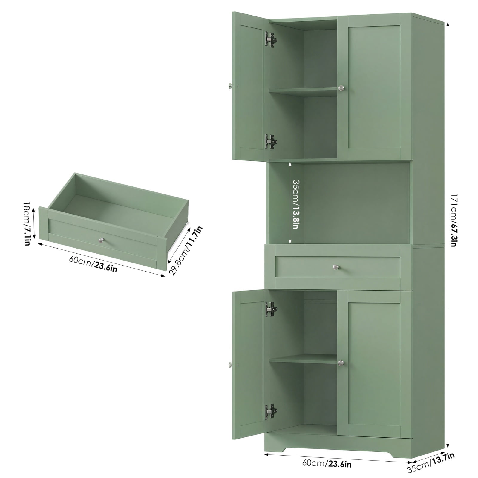 Homfa 67.5" Tall Modern Bathroom Storage Cabinet with Drawer, 4 Door Modern Freestanding Storage Cabinet Cupboard, Green
