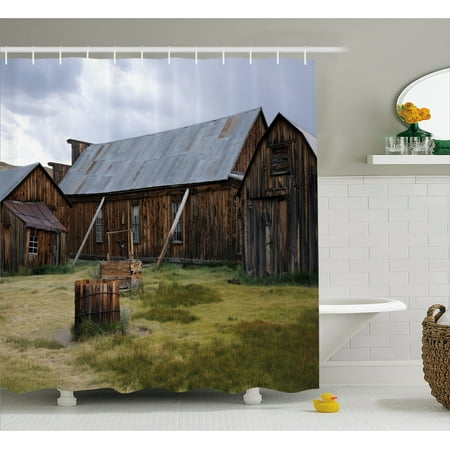 Country Bathroom Sets United States Shower Curtain, California Old Barn of A Country House American Rural View, Fabric Bathroom Set with Hooks, 69W X 70L Inches, Purplegrey Brown Olive Green, by Ambesonne ()
