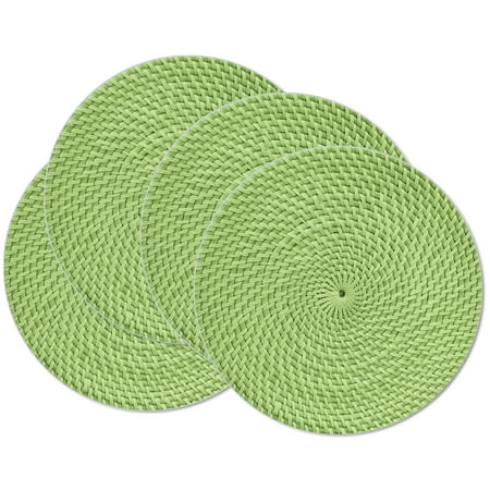 

CounterArt Avocado Green and Natural Basket Weave Design Round Reversible Tabletop Plastic Placemat Set of 4 Made in the USA