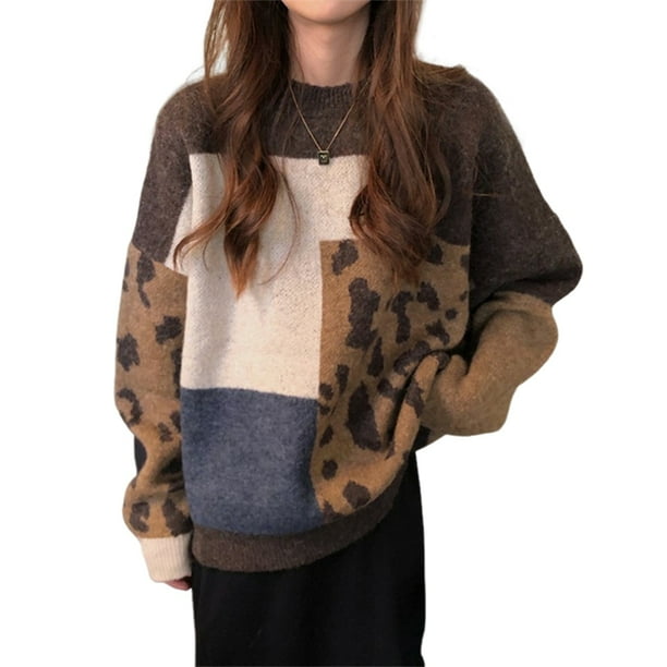 Suéter de Punto con Cuello Redondo y Larga para Mujer, Otoño e Invierno, con Estampado de Leopardo y Bloques de Color. Talla Única