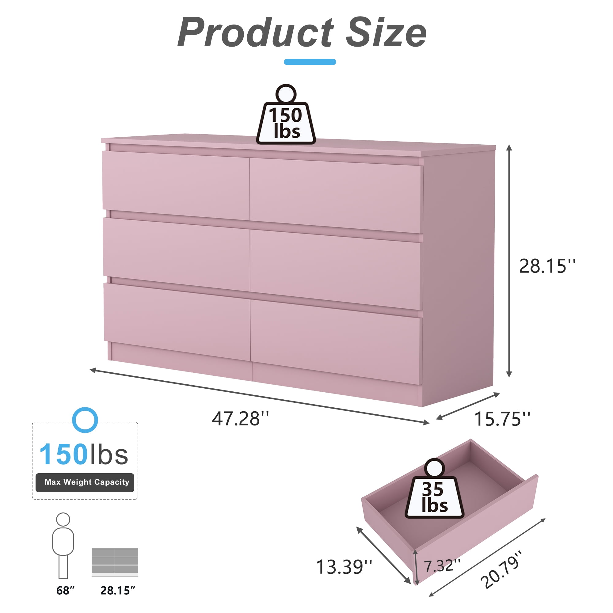 Demi Bonn 6 Drawer Double Dresser, Modern 6 Chest of Drawers with Deep Drawers, Wide Storage Organizer Cabinet for Living Room, Pink