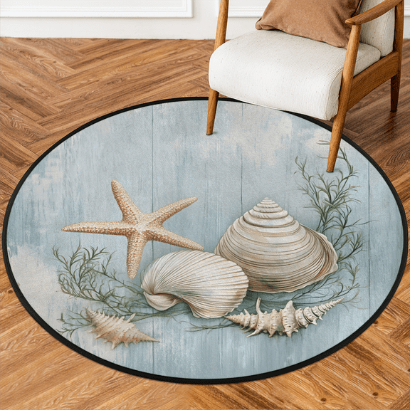 CURLYOOT Round Rug 3ft Vintage Wood Nautical Coastal Starfish Area Rug, Washable Circle Mat Non Slip Floor Carpet Mat, Soft Indoor Rugs for Entryway Living Room Dining Room Bedroom