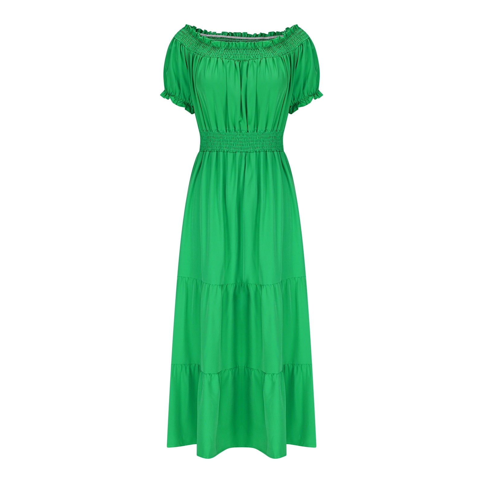gljltg Ladies Elegant Summer One-shoulder Solid Color Short-sleeved Elastic Waist Women's Dress with Print, Stylish Fashionable for Women, Ladies, Suitable for Casual, Party, Daily, Beach