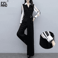 thumbnail image 2 of Monos elegantes ajustados de cintura alta y pierna ancha para mujer, moda coreana, conjuntos de dos piezas falsos de manga larga, pantalones de una pieza para oficina, 2 of 5