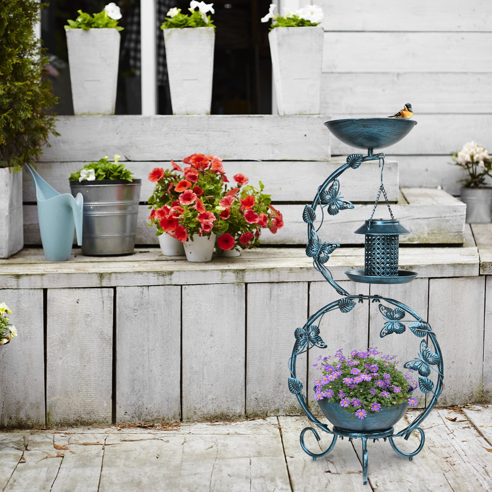 Xilee Metal Birdbath with Flower Planter Pedestal and Solar Bird Feeders Combo for Outdoor,37.8 inch  Metal Bird Baths for Outdoors, Decorative  with Butterfly for Outside Garden Yard, Weather Resist