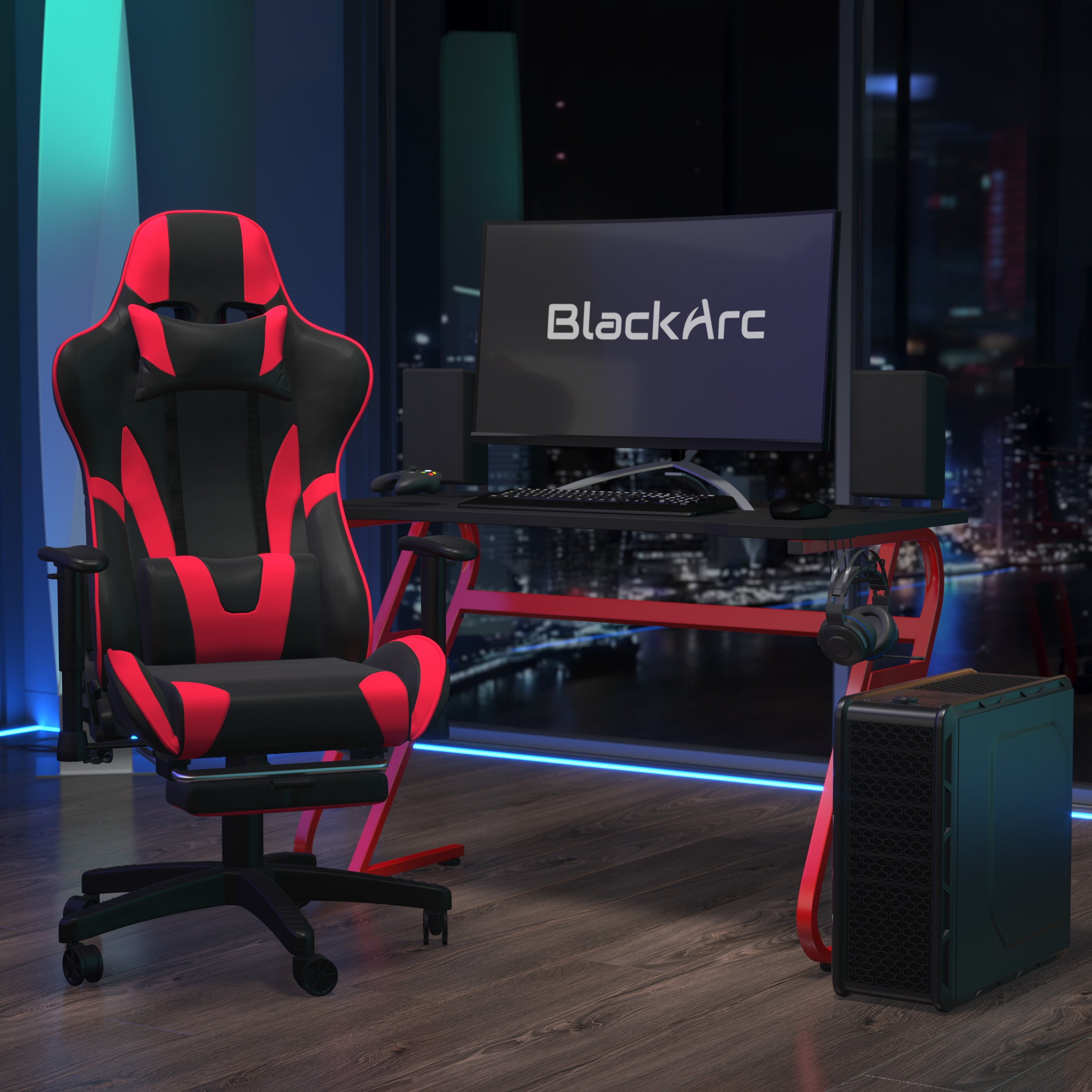 BlackArc Echo Desk & Chair Set: Black Red Leather Reclining Gaming Chair; Gaming with Headphone Hook and Cupholder - Walmart.com