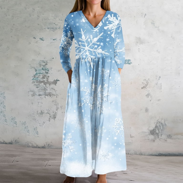 christmas print dresses for Women Women's Fashion Dress Spring V-neck Long Sleeve Dress with Christmas for Holiday Party,Sky Blue,L Santa Claus tattoo