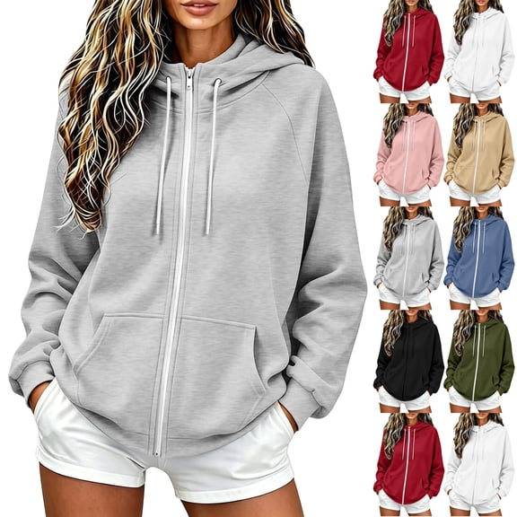 Sahpxhe Women's Oversized Hoodies Full Zip up Long Sleeve Drawstring Sweatshirts Casual Outer Jacket for Sport Jogging Gray S