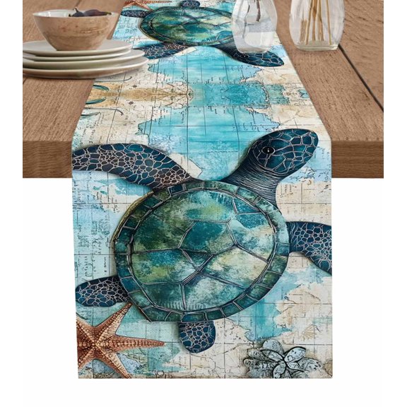 Hokiten Table Runners 72 Inches Long Dress Scarves, Teal Blue Sea Turtle Farmhouse Kitchen/Dining Table Runner, Coffee Tablerunners, Summer Ocean Nautical Starfish 13x72 Inch