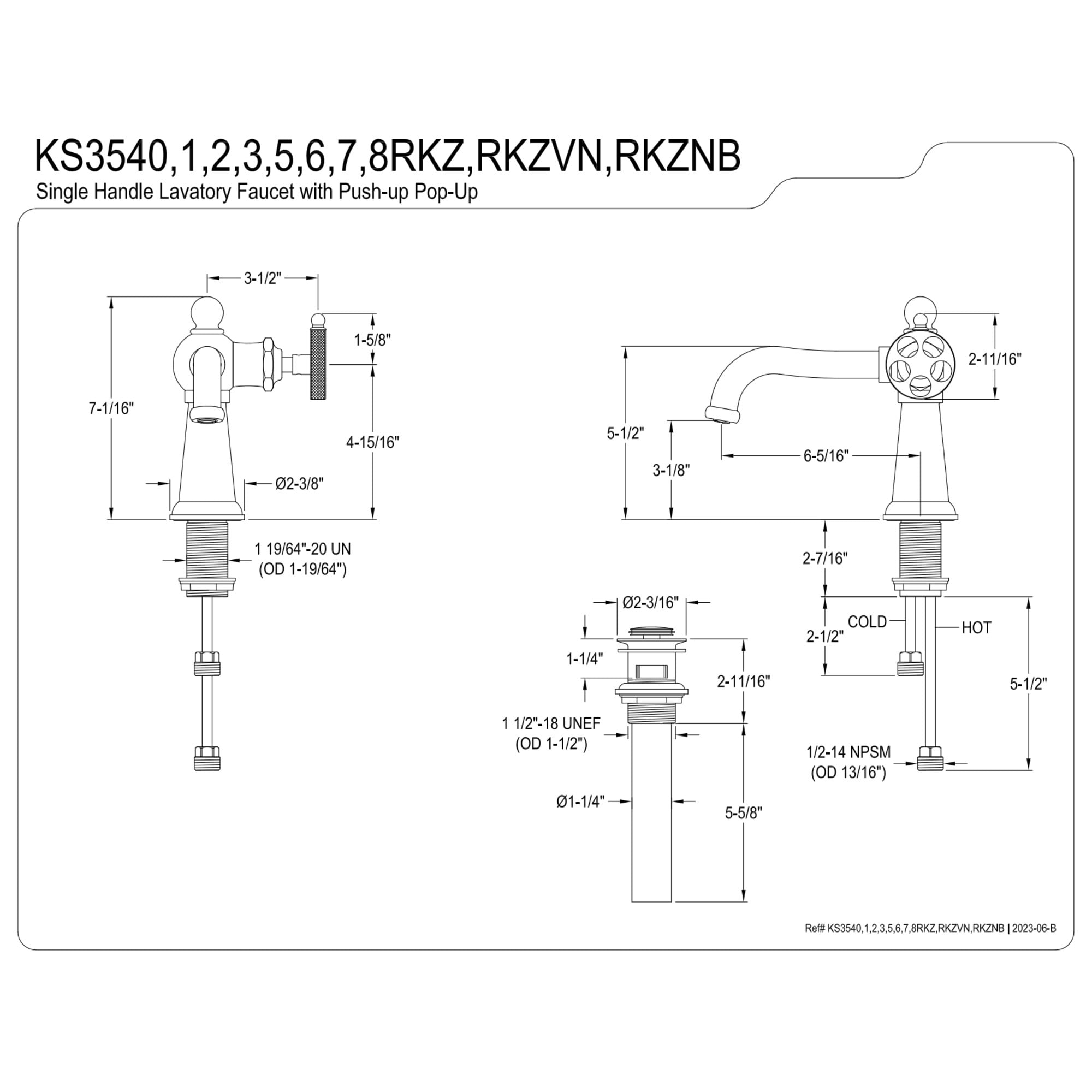 Kingston Brass KS3547RKZ Wendell One-Handle Single-Hole Bathroom Faucet with Knurled Handle and Push Pop-Up Drain, Brushed Brass