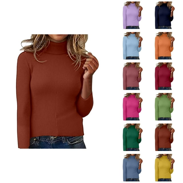Pulls pour Femmes 2025 Chandail Col Roulé Ajusté Manches Longues Haut Tricoté Blouse Décontractée Automne Hiver