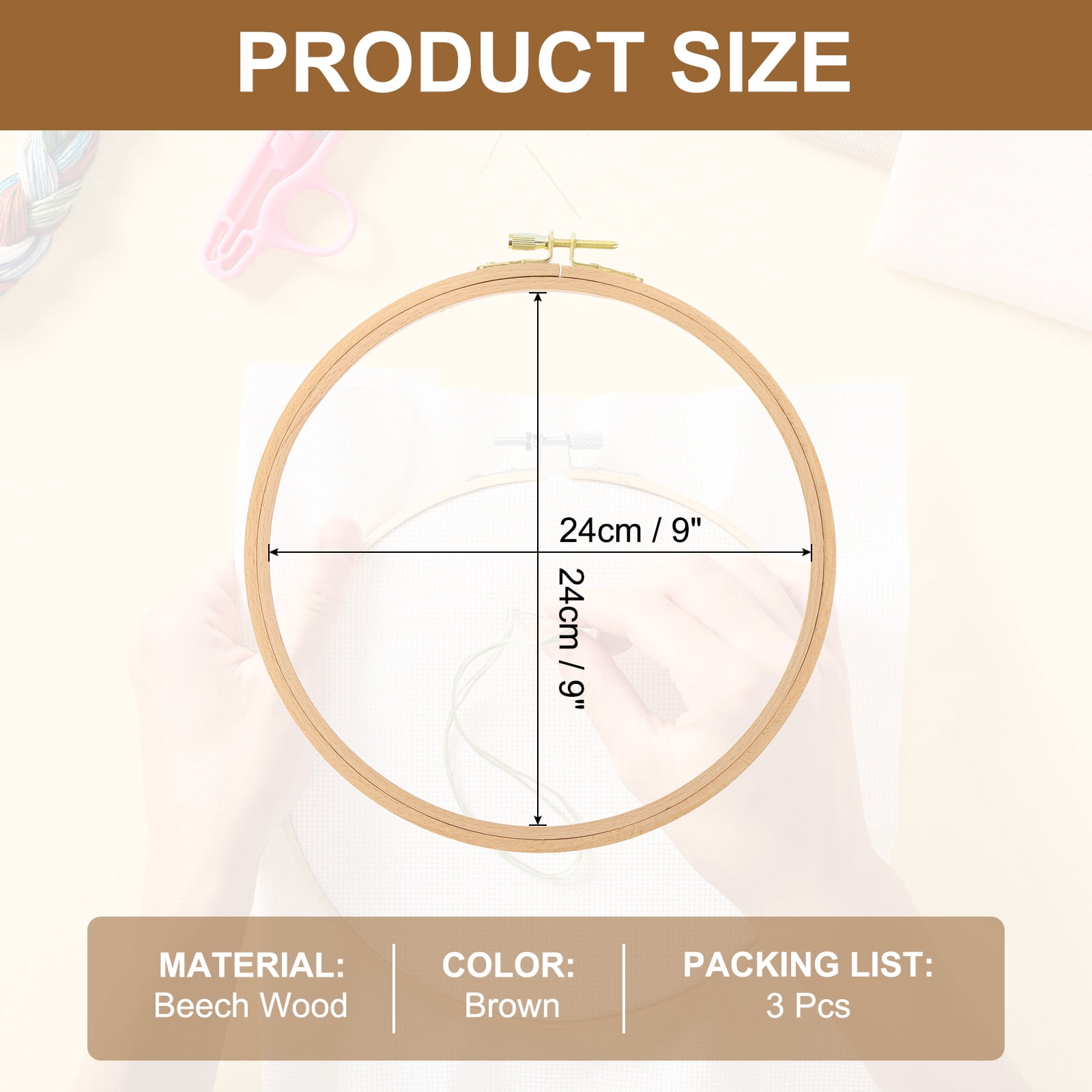 Uxcell 3 Pieces 9 Inch Beech Wood Embroidery Hoops, Circle Cross Stitch Hoop Frames with Adjustment Brass Screw
