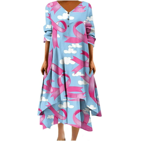 MIUOWANP Casual Dresses for Women Women Casual Loose Printed Irregular Buttoned Hem V-Neck 3/4 Sleeve Dresses