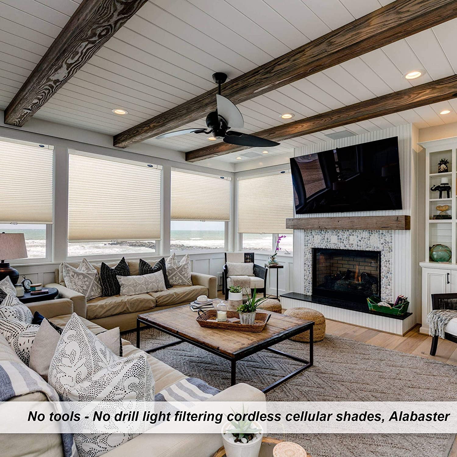 LazBlinds Cordless Cellular Shades, No Tools No Drill Light Filtering Honeycomb Shades Pleated Blinds for Windows, 34'' W x 64'' H, Alabaster