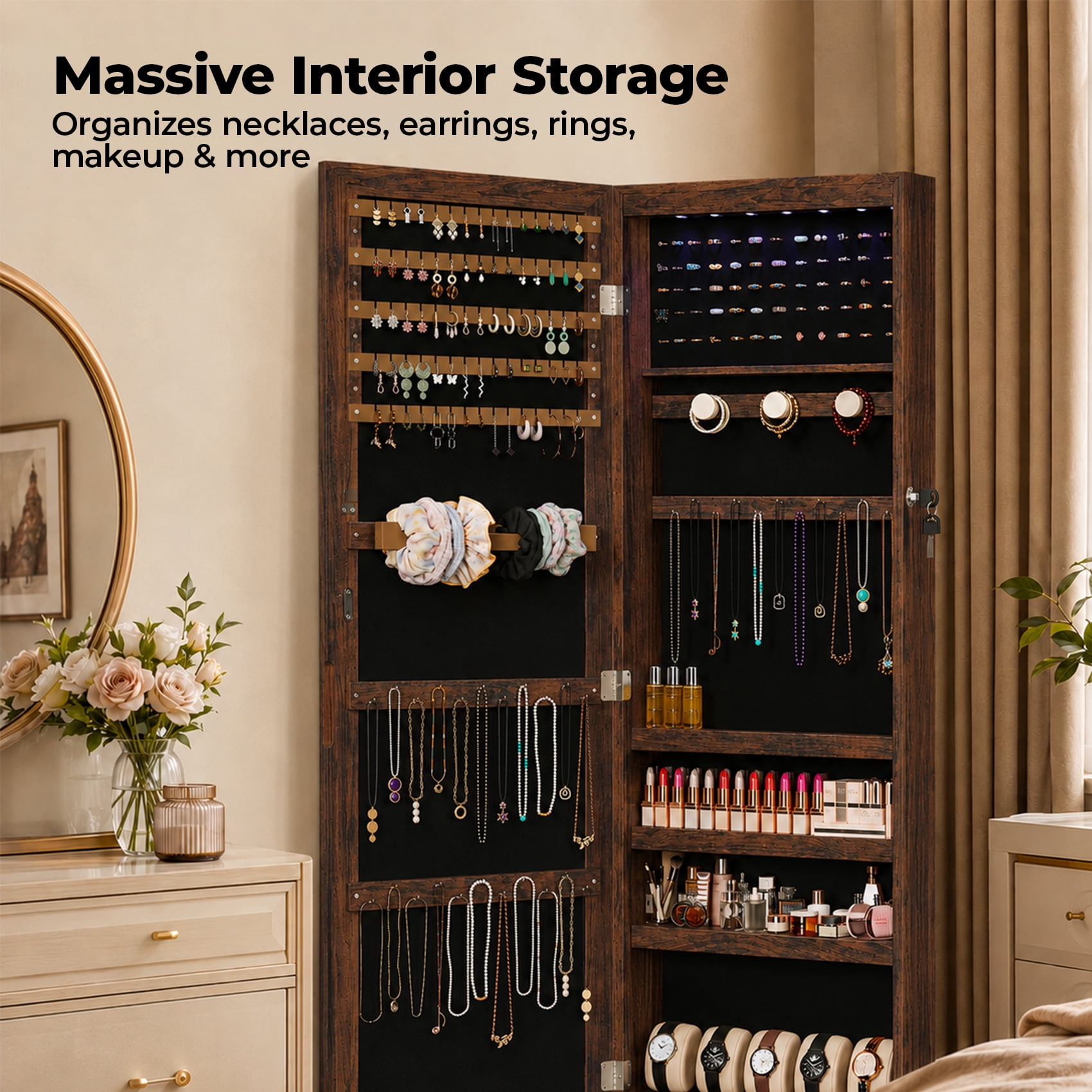 Alvantor Jewelry Organizers and Storage, 47.2-Inch Tall Lockable Wall or Door Mounted Jewelry Armoire Organizer with Mirror, 2 Drawers, 6 LEDs Mirror Jewelry Cabinet