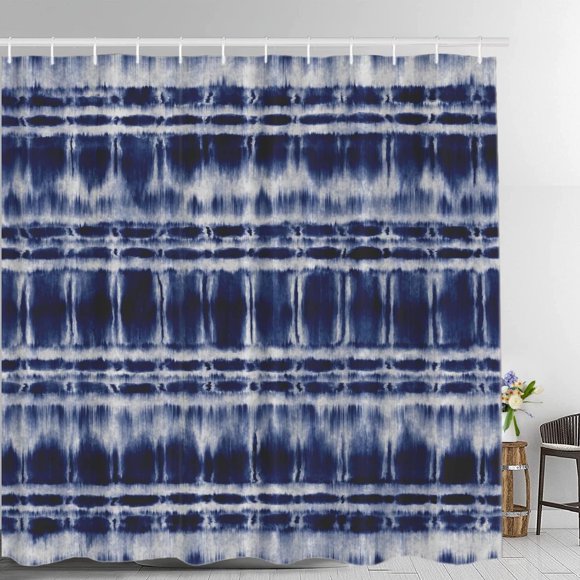 Rideau de Douche Décoratif Bleu Marine Indigo, Rideau de Douche Rayé Teinture sur Nœuds Abstrait Bleu Marine Indigo, Rideaux de Douche en Tissu Imperméable pour Salle de Bain avec 72x72 Pouces