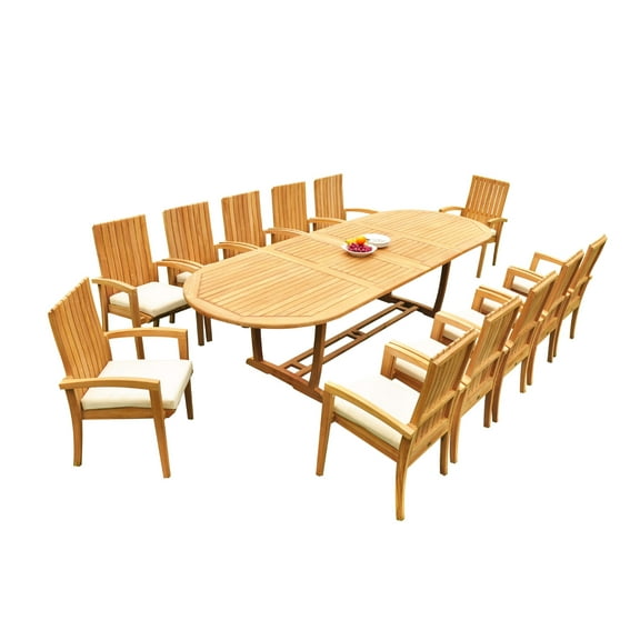 Grade-A Teak Dining Set: 12 Seater 13 Pc: 118" Mas Oval Trestle Leg Table And 12 Giva Arm Chairs Outdoor Patio WholesaleTeak #51GV2713