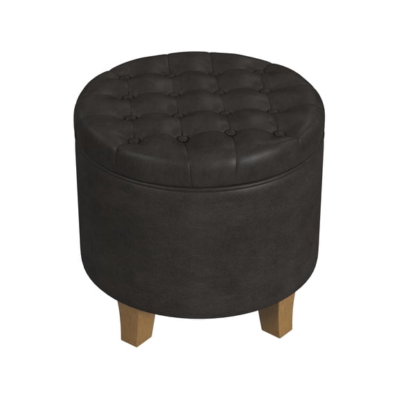 Wes Round Storage Ottoman, Black Faux Leather, Hardwood, 19 Inch