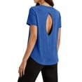 thumbnail image 2 of Fnooota Womens Cotton T-shirts, Short Sleeve Open Back Workout Summer Athletic Tops Blue Size S, 2 of 8