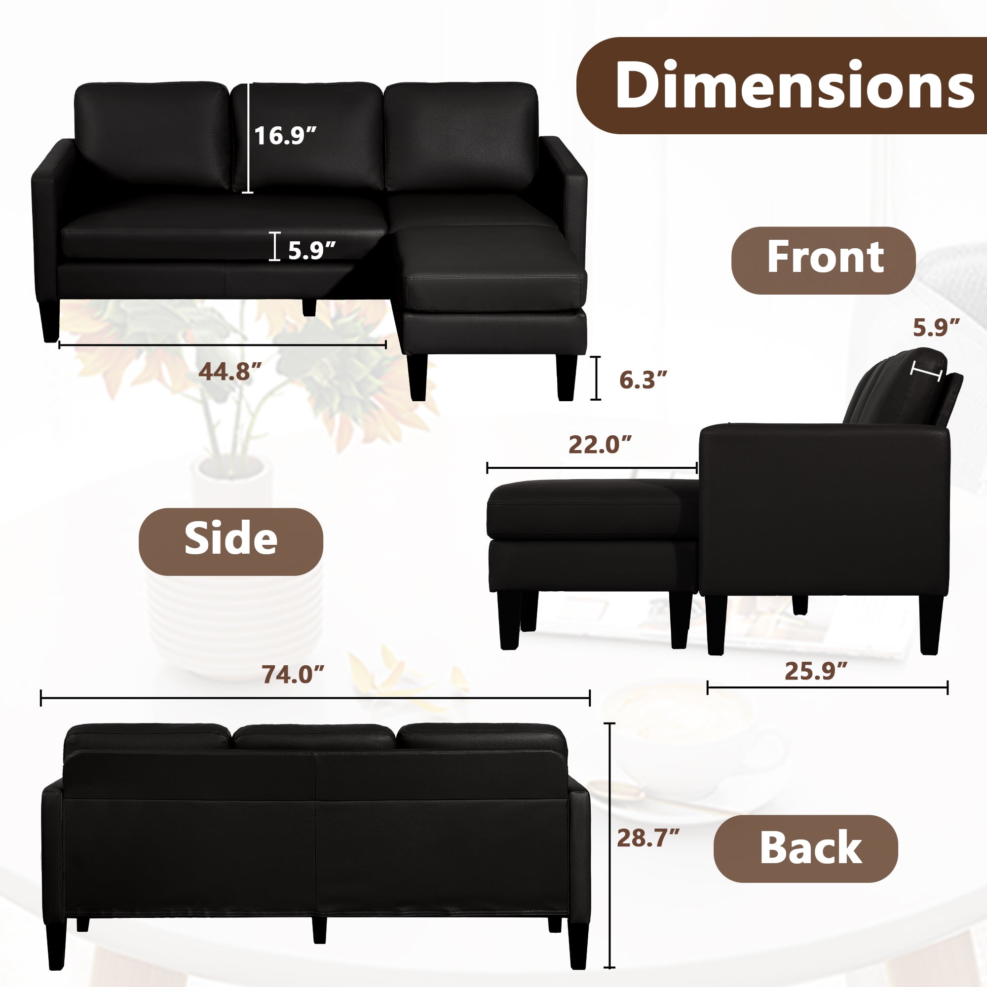 Magic Union Sectional Sofa,Faux Leather Mid-Century Modern Reversible Couch,L Shaped 3-Seat Sofa Couch with Chaise for Living Room,Apartment and Small Space,Black