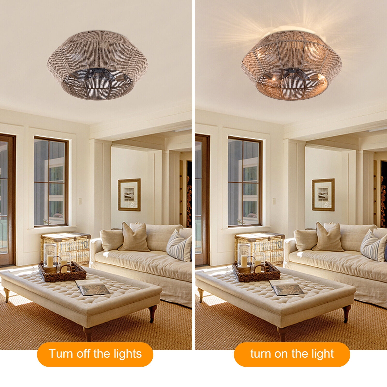 Miumaeov Boho Invisible Ceiling Fan Light Woven Rattan Caged Fan Chandelier Pendant Lamp with Remote Control 6 Speeds