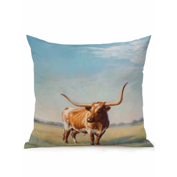 1 Pack Outdoor Throw Pillow, Texas Longhorn Waterproof Pillow with Insert Included, Grassland Sunset Farmhouse Natural Landscape Decorative Accent Cushion Sofa Pillows for Patio Porch, 18 x 18 In
