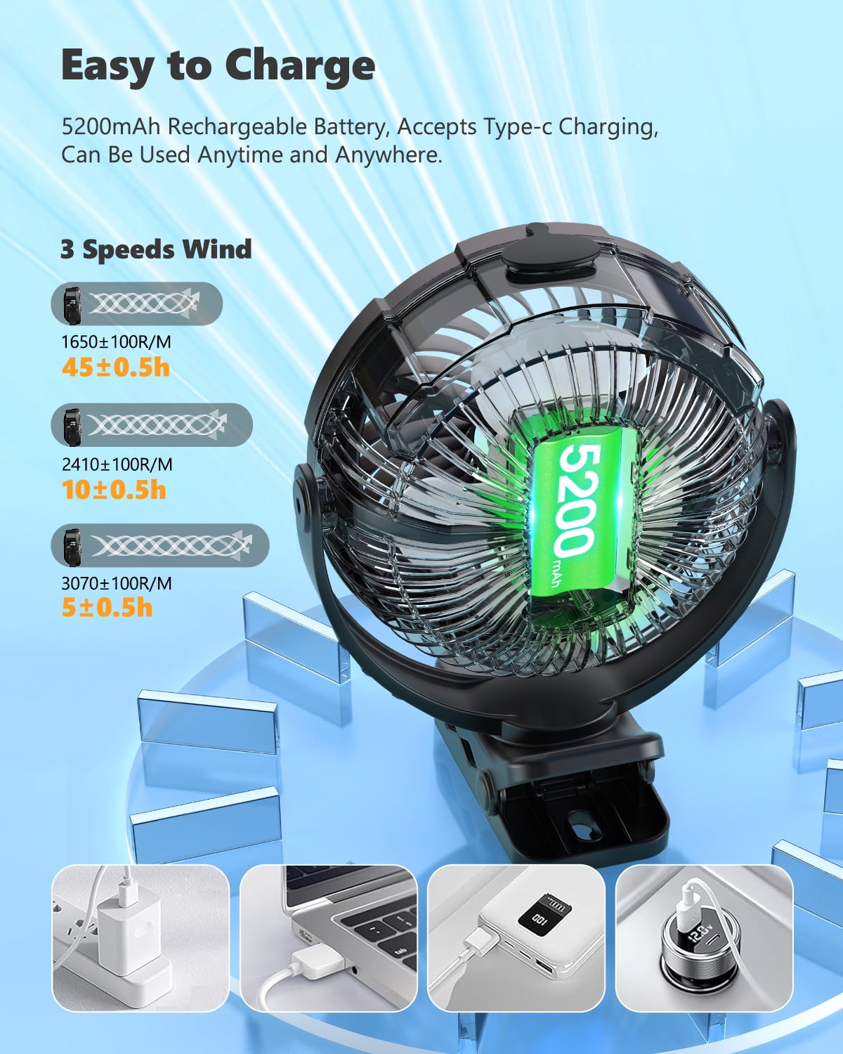 JINLICTE Portable Misting Clip on Fan with 5200mAh Battery, 3 Speeds & LED Light - 360° Rotation Mist Cooling Fan for Stroller, Camping, Outdoor Use - Rechargeable