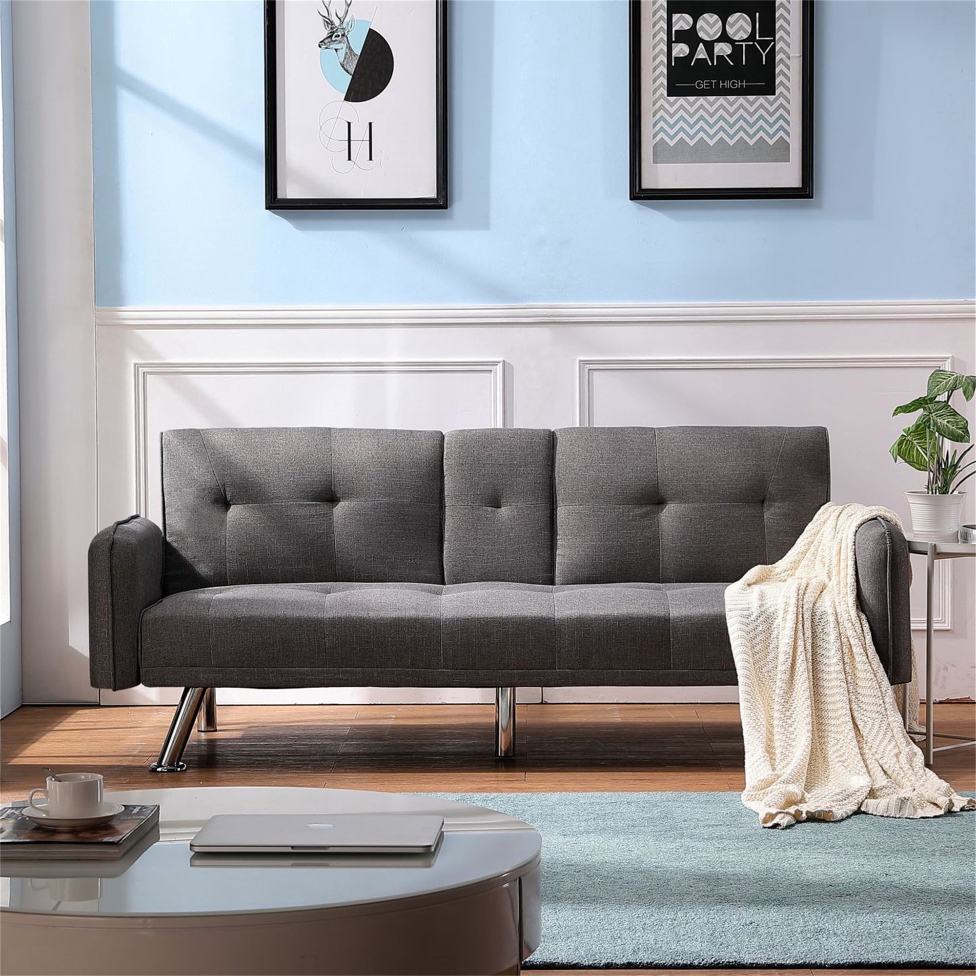 Aukfa 75" Square Arm Futon Convertible Sofa Bed for Home Office, 2 Cup Holders, Linen, Dark Gray