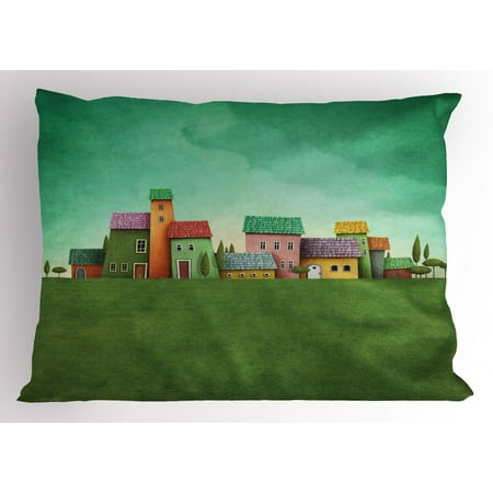 Decorative Greenery Mural Pillow Sham A Village of Abstract Shaped Colorful Houses and Bushy Trees on Greenery Grass Field, Decorative Standard Size Printed Pillowcase, 26 X 20 Inches, Multicolor, by Ambesonne ()